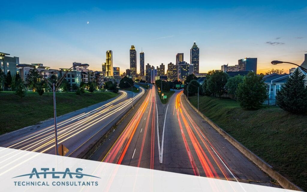 skyline at dusk with lights